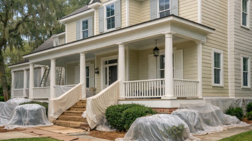 Exterior house painting on a coastal-style home in Bluffton, SC with fresh siding and trim finish.